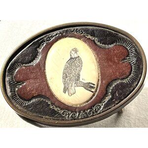 BTS Solid Brass & Leather Inlaid Eagle Beltbuckle MCM 1970's Signed KL
